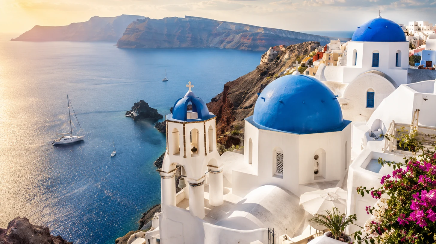 Λευκά σπίτια και γαλάζιοι τρούλοι στη Σαντορίνη με φόντο το Αιγαίο