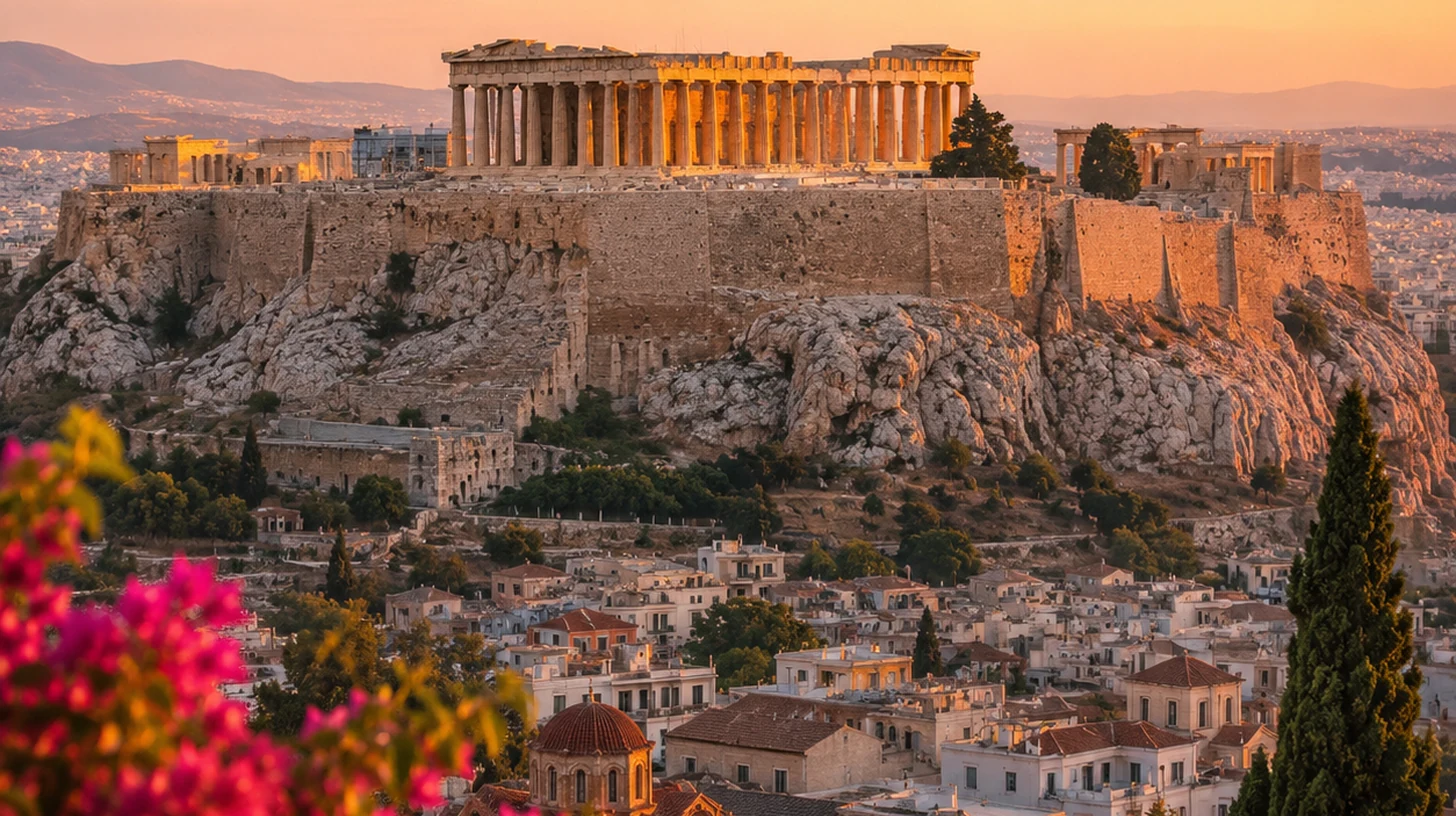 Αθήνα με την Ακρόπολη και ζεστό φως ηλιοβασιλέματος