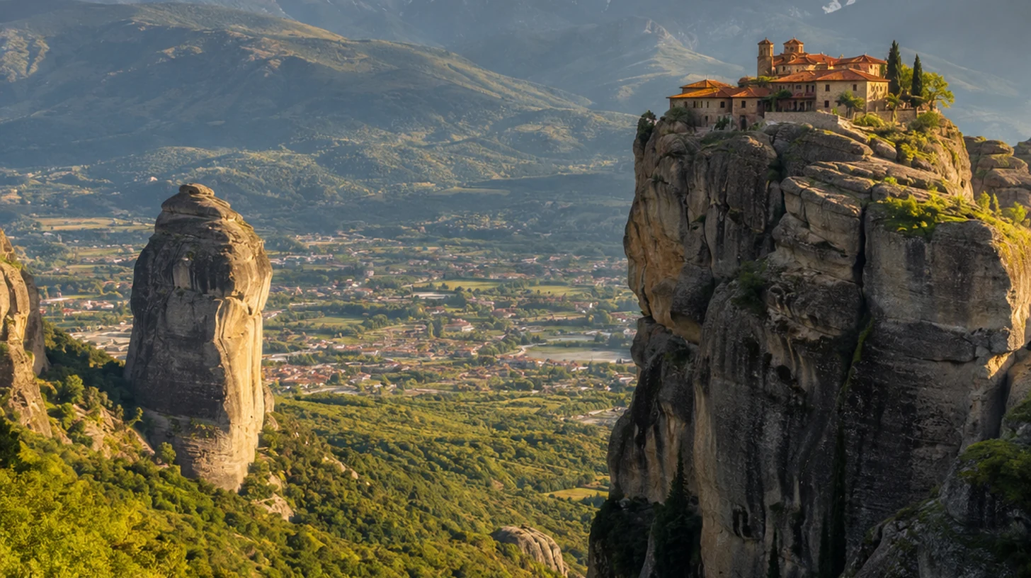 Μετέωρα με βράχους, μοναστήρια και πράσινη κοιλάδα
