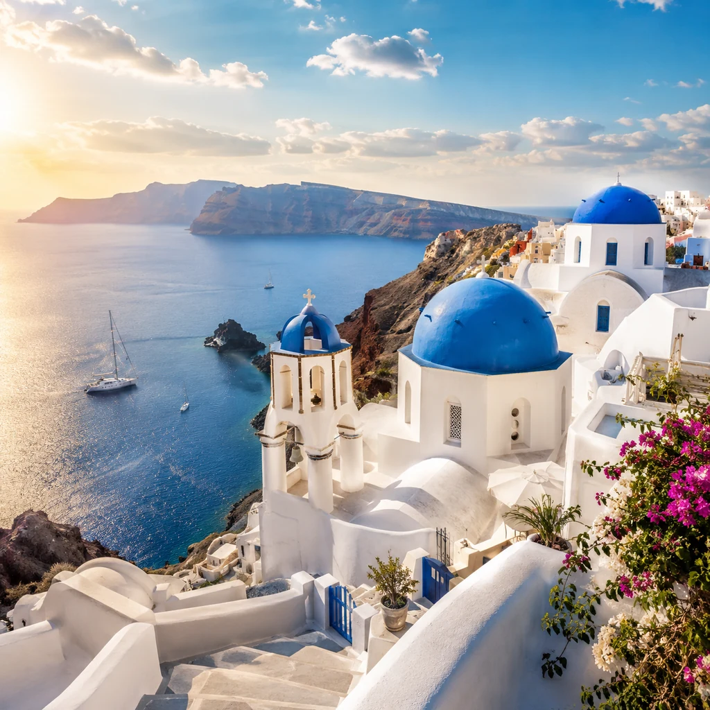 Σαντορίνη με λευκά σπίτια και γαλάζιους τρούλους πάνω από το Αιγαίο