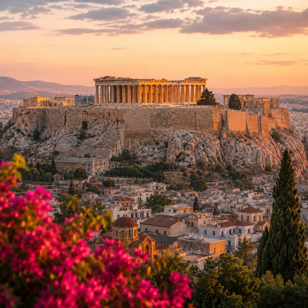 Ακρόπολη της Αθήνας με χρυσό φως ηλιοβασιλέματος