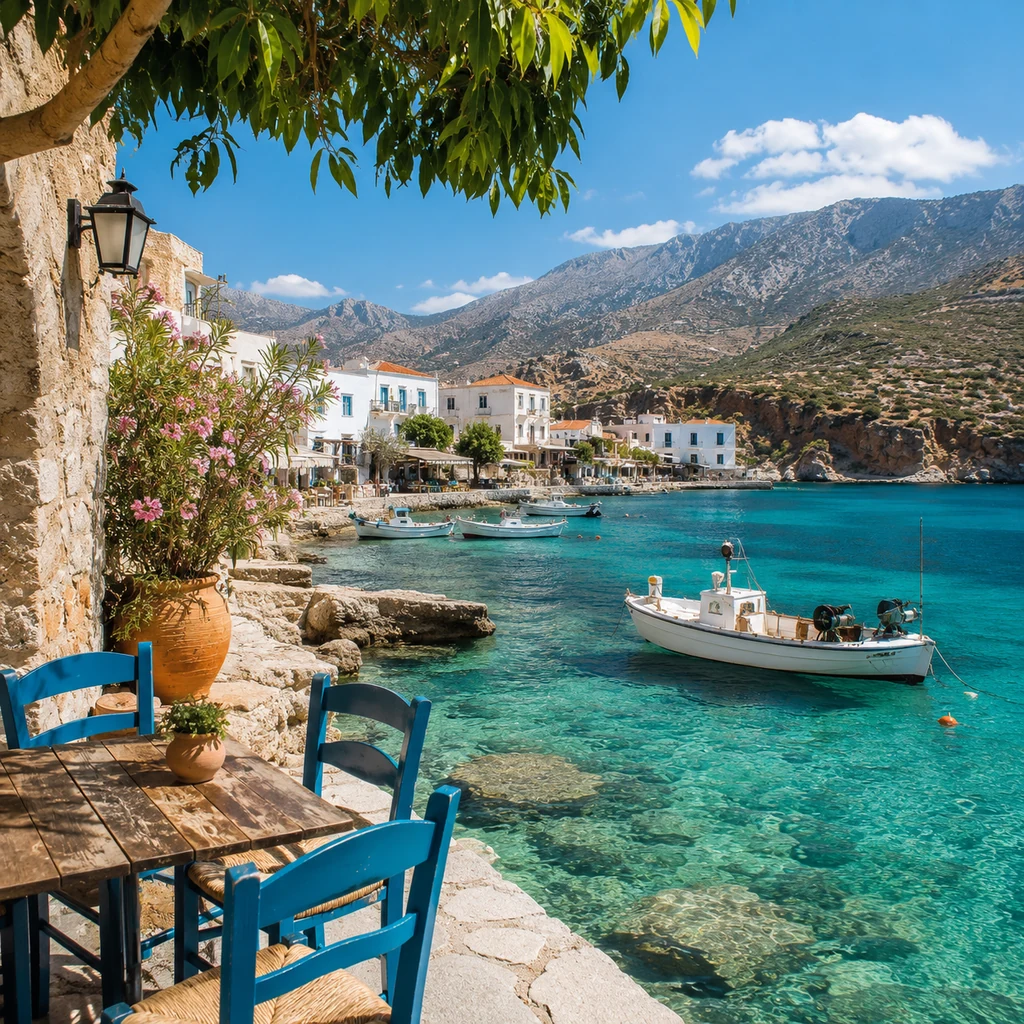 Παραλία σε ελληνικό νησί με γαλάζια νερά και ελαιόδεντρα