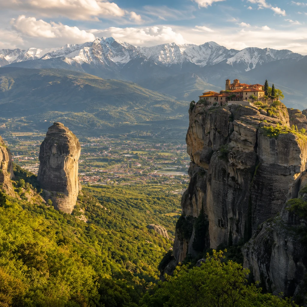 Μετέωρα με μοναστήρια πάνω σε βράχους και πράσινη κοιλάδα